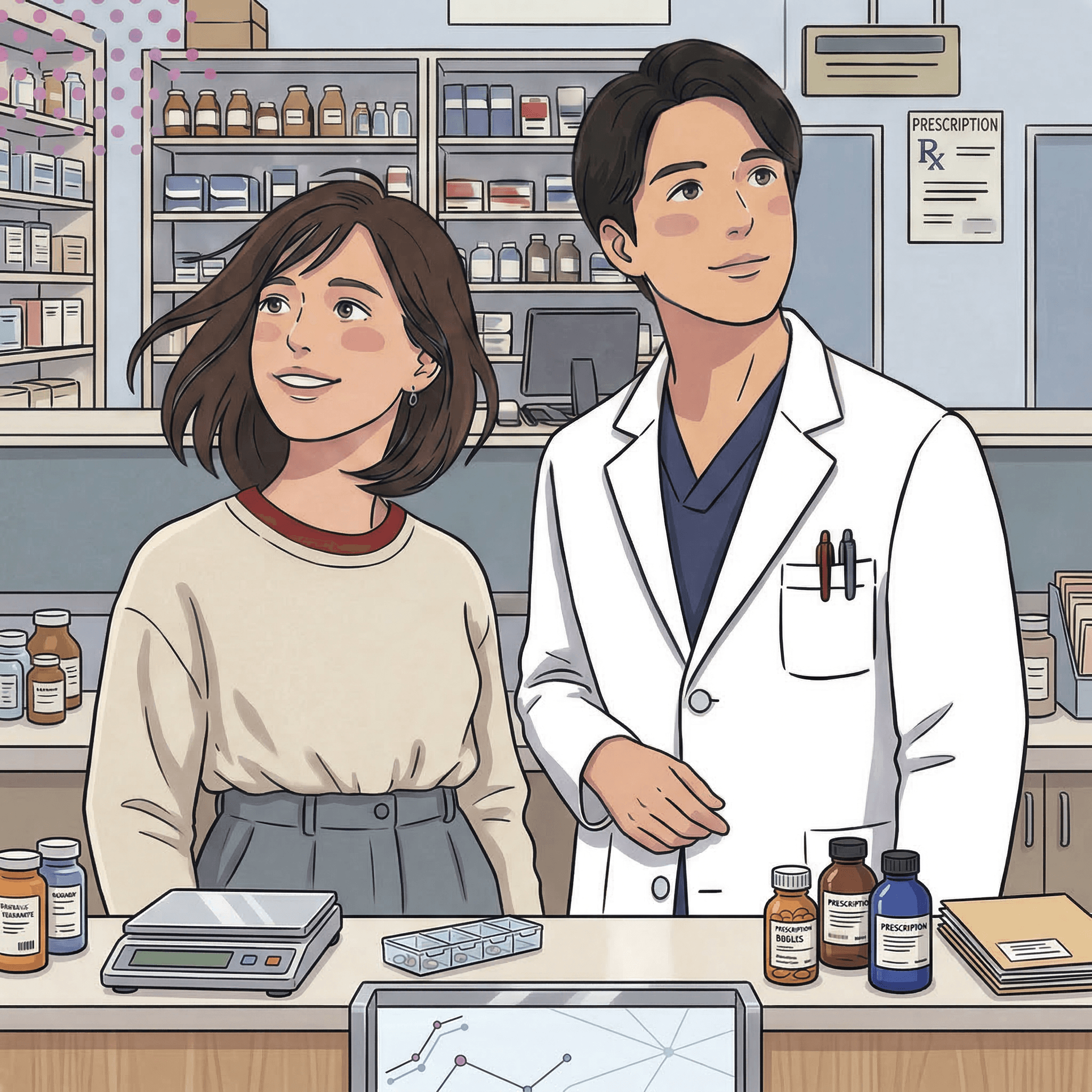 薬局で学生と薬剤師が話すイラスト